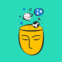 Face of man with cosmos in his head. Abstract doodle of  dreaming person