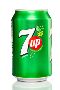 St. Petersburg, Russia, February 29, 2020. 7up drink, on white isolated background, with water drops