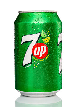 St. Petersburg, Russia, February 29, 2020. 7up drink, on white isolated background, with water drops