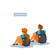 man and woman hikers sitting watching enjoying the view backside vector illustration scene