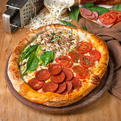 Pizza Quatro Stagioni four seasons traditional italian meal from artichokes mushrooms tomatoes ham prosciutto parmesan cheese and basil.