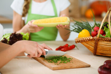 Unknown young woman slicing greens for a delicious fresh vegetarian salad while sitting and smiling at the kitchen desk, just hands, close-up. Cooking concept