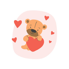 Cute vector illustration of the teddy bear with hearts isolated on white and pink. Cute bear vignette illustration. Kids illustration for valentines day
