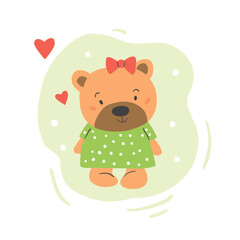 Fototapeta na wymiar Cute vector illustration of the teddy bear wearing dress, bow with hearts isolated on white and green. Cute bear vignette illustration. Kids illustration for girls