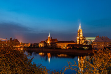 evening view of the Odra River and Tumski Island in Poland in Wroclaw in spring