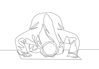 Single continuous line drawing of muslim person praying, doa sujud movement on pray. Sajadah worshiping of Islamic person concept one line draw design vector illustration