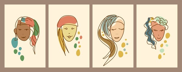 Vector set of templates for cards, posters, prints, flyers. Female faces of different ethnicity. Fashion, hairstyles and cosmetics, beauty salon.