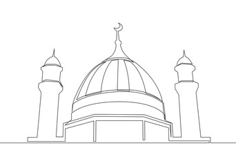 Single continuous line drawing of historical landmark mosque or masjid. Historical construction that use as a place of praying for Islamic person concept one line draw design vector illustration