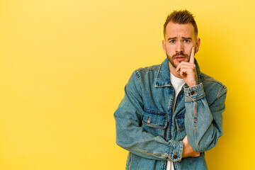 Fototapeta premium Young tattooed caucasian man isolated on yellow background looking sideways with doubtful and skeptical expression.