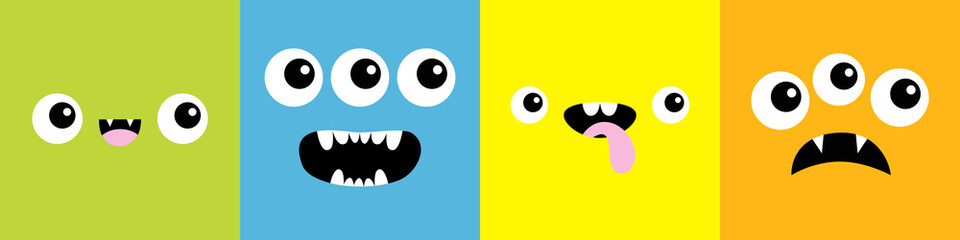 Monster square head line icon set. Boo Spooky Screaming smiling sad face emotion. Three eyes, tongue, teeth fang, mouse. Happy Halloween card. Flat design style. White background.