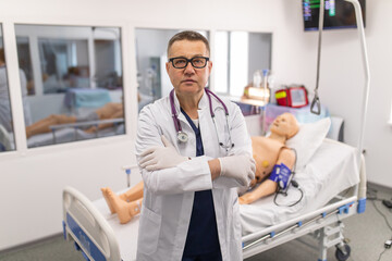 Fototapeta na wymiar Doctor teacher in simulation room of hospital. Medical teach.