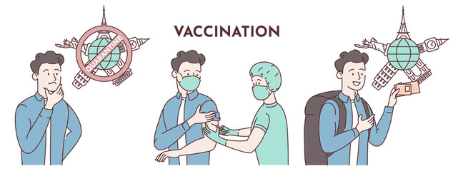 Man thinking about travel on the background of a world map with landmarks of architecture. Closed borders. Vaccination. The nurse gives an injection. Vaccination passport. Flat illustration set