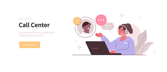 Female customer service agent wearing headsets talking with client and helping to solve his problems. Online customer support and helpdesk concept. Flat cartoon vector illustration.