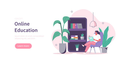 Character sitting at home and reading book in online library on smartphone. Student girl with open book in hands studying in library. Online education concept. Flat cartoon vector illustration.