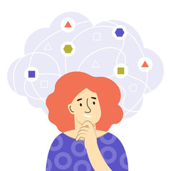 A young woman thinks about solving problems. Mind behavior concept. Decision making and logical thinking in difficult tasks. Problem management with analysis skills. Color flat vector illustration.