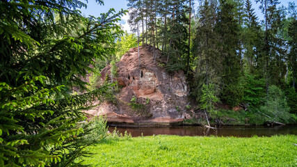 Rock outcrops and cliff by the river with green grass, trees and bushes on a beautiful and sunny summer day. Gauja National Park, Latvia