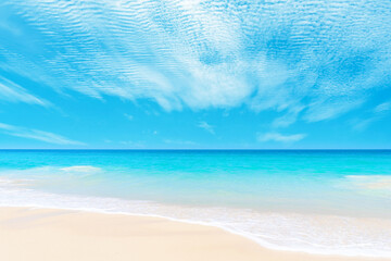 Beautiful tropical beach with blue sky and white clouds abstract texture background. Copy space of summer vacation and holiday business travel concept.