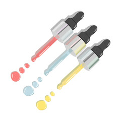 Vector set of three serum droppers with drops in yellow, blue and pink