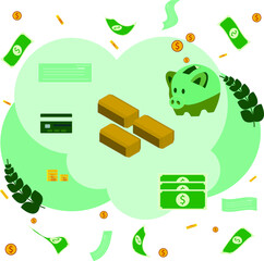 Illustration about saving and economy. Coins, bills, check, credit card and piggy bank, in green tones.