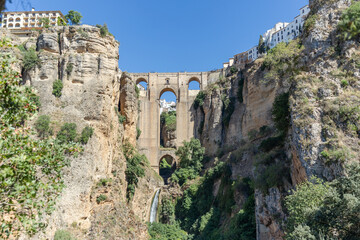 Ronda city situated in province of Malaga, Andalucía. Ronda was first settled by the early Celts in the sixth century BC. Touristic travel destination in Spain. View of the new bridge