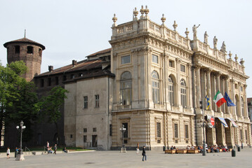 Fototapeta na wymiar Palazzo Madama is a historic building located in Piazza Castello. It is a UNESCO heritage, like other Savoy Residences. It houses the Civic Museum of Ancient Art.
