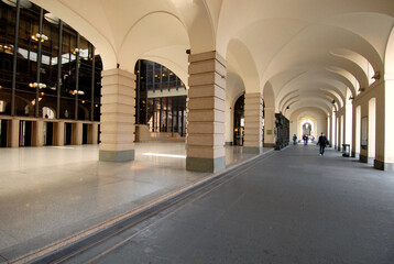entrance hall of the Teatro Regio in Piazza Castello; baroque and modern architecture side by side.