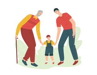 Vector color illustration in flat style isolated on white background. Grandfather father and grandson are walking in the park.  Different generations. Old man, middle-aged man and child.