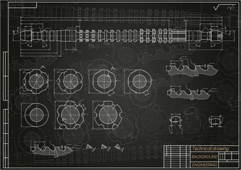 Fototapeta premium Mechanical engineering drawings on blue background. Broach. Technical Design. Cover. Blueprint. Vector illustration.
