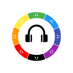 A large black headphones symbol in the center, surrounded by eight white symbols on a colored background. Background of seven rainbow colors and black. Vector illustration on white background