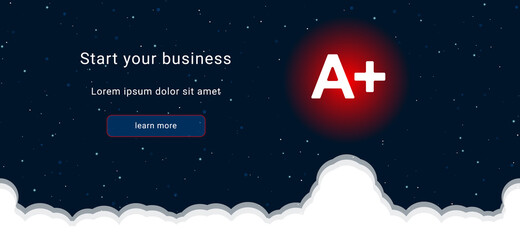 Business startup concept Landing page screen. The A plus symbol on the right is highlighted in bright red. Vector illustration on dark blue background with stars and curly clouds from below