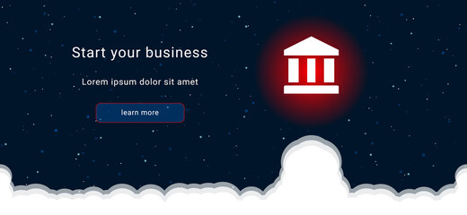 Business startup concept Landing page screen. The bank symbol on the right is highlighted in bright red. Vector illustration on dark blue background with stars and curly clouds from below