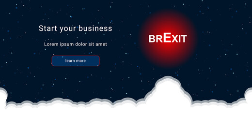 Business startup concept Landing page screen. The brexit symbol on the right is highlighted in bright red. Vector illustration on dark blue background with stars and curly clouds from below