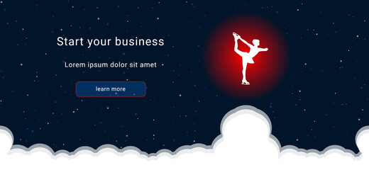 Business startup concept Landing page screen. The white female figure skating symbol on the right. Vector illustration on dark blue background with stars and curly clouds from below