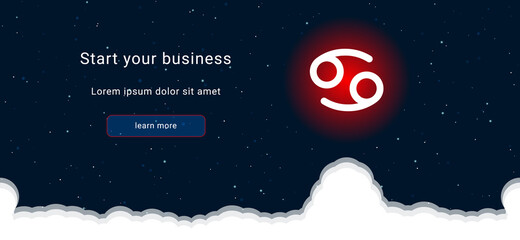 Business startup concept Landing page screen. The cancer zodiac symbol on the right is highlighted in bright red. Vector illustration on dark blue background with stars and curly clouds from below