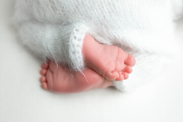 legs of a newborn in white panties. little baby feet. cute fingers