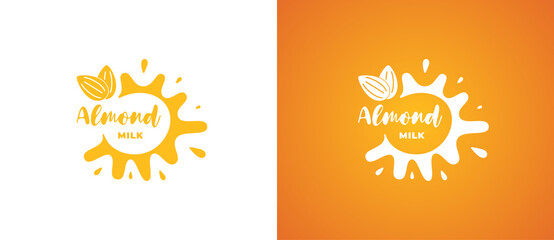 Fototapeta premium Almond milk product logo. Fresh vegetarian organic natural non lactic brand identity logotype design. Vegan eco dairy splash sign for company trademark vector Illustrations