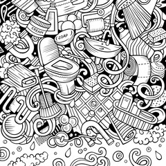 Bathroom hand drawn vector doodles illustration. Bath room frame card design.