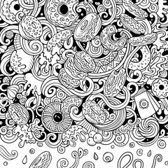 Donuts hand drawn vector doodles illustration. Sweets frame card design.