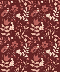 vector seamless pattern of ethnic floral elements rabbits and bird in orange and brown colours dark background, autumn colour scheme