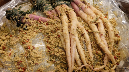 Pickled Japanese Hinona Kabu Turnip being sold at Nishiki market, Kyoto Japan.