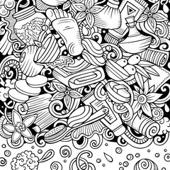 Fototapeta premium Bathroom hand drawn vector doodles illustration. Bath room frame card design.