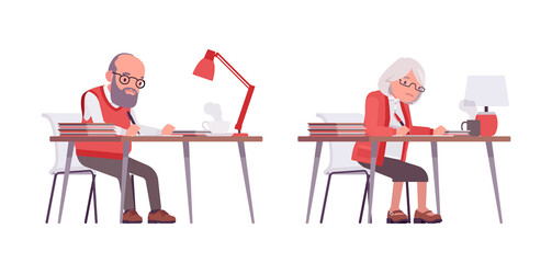 Old teacher, female, male senior professor, university tutor at desk. Busy experienced elderly master, aged education supervisor. Vector flat style cartoon illustration isolated, white background