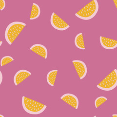 Organic vitamin seamless pattern with yellow random lemon slices shapes. Pink background. Doodle print.