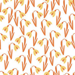 Decorative seamless isolated pattern with orange random snowdrops flowers ornament. White background.