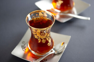 Turkish traditional tea, hot drink. Black tea.