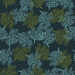 Fototapeta na wymiar Random green and blue bush seamless pattern in hand drawn style. Dark background. Natural season.