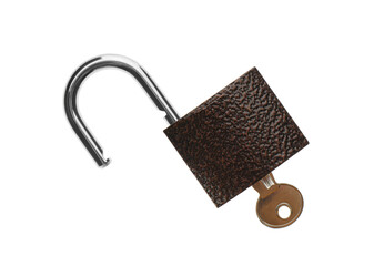 Modern padlock with key isolated on white