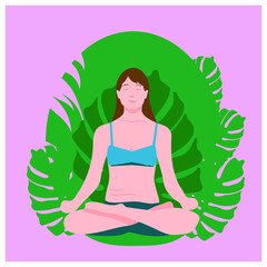 Vector illustration of a meditating person against the background of nature. A woman in the yoga lotus pose.