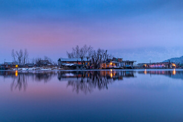 A view of Dal Lake in winter at evening, Srinagar, Kashmir, India.