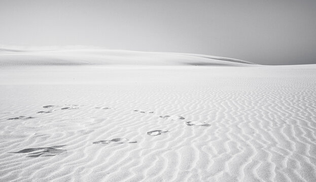 Fu&szlig;spuren im Sand - Panorama Poster einer minimalistischen Szene mit Fu&szlig;spuren im Sand in der D&uuml;nen W&uuml;ste an der Ostsee - Naturschutzgebiet Łeba (Leba) an der Lontzked&uuml;ne (polnisch Wydma Łącka)